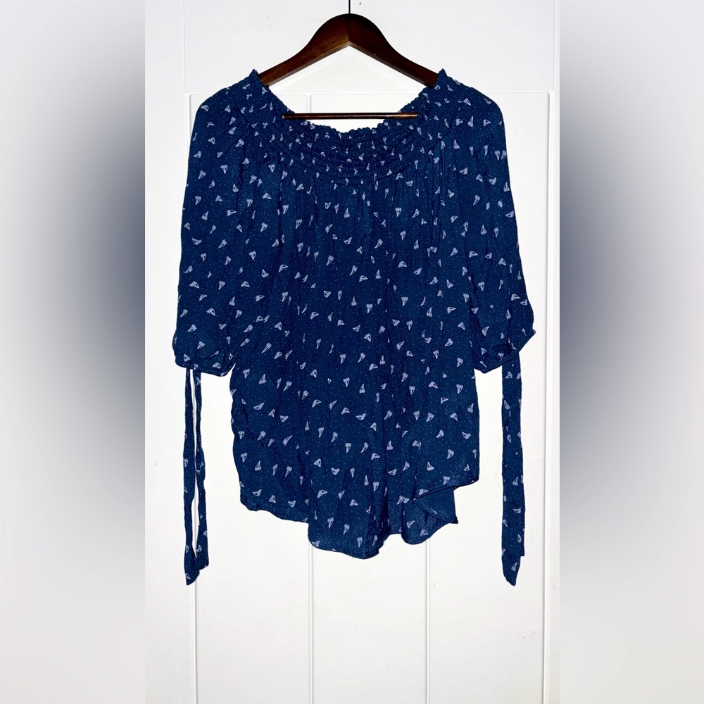 Counterparts Sailboat On/Off 3/4 Self Tie  Sleeve Babydoll Blouse Women L Y2K